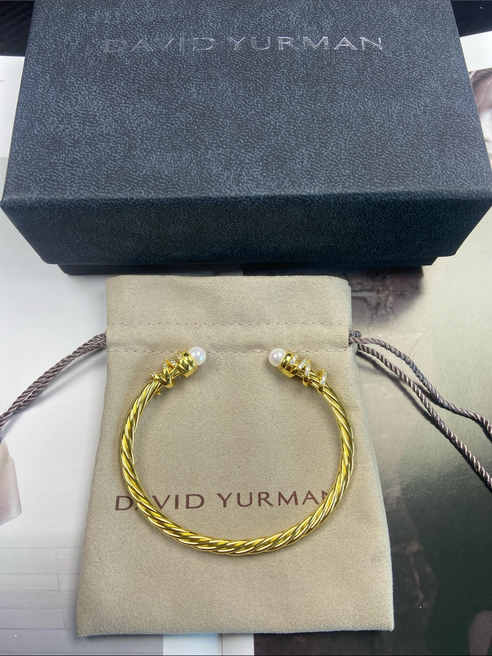 David Yurman Gold-Tone Cable Open Cuff with Pearl Terminals